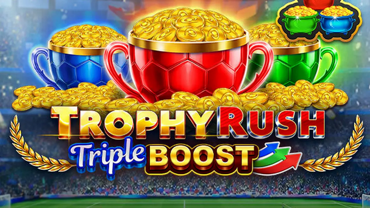 Giao diện trò chơi Trophy Rush Triple Boost với các biểu tượng đồng xu vàng rực rỡ
